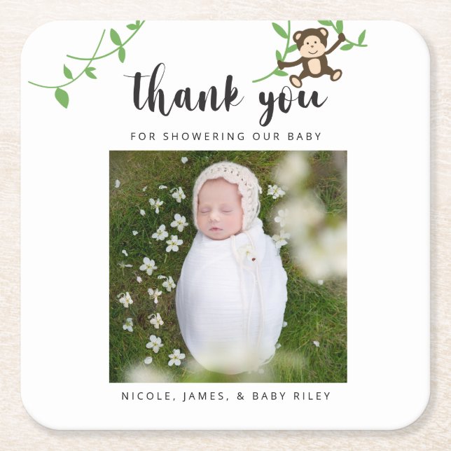 Safari Baby Shower Thank You Jungle Animals Square Paper Coaster (Front)