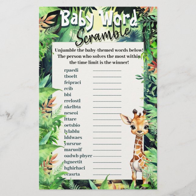 Safari Baby Shower Word Scramble Giraffe Green (Front)