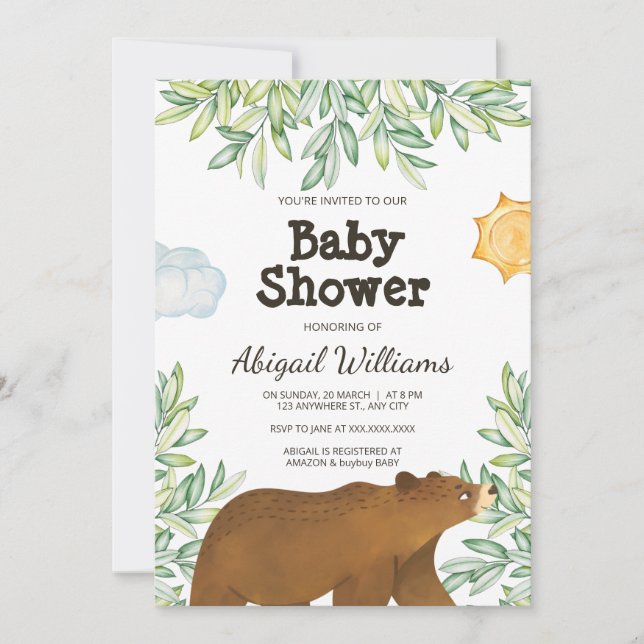 Safari Bear Greenery Watercolor Baby Shower Invitation (Front)