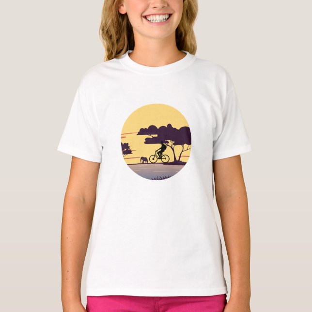 Safari Bike Ride at Sunset – Cyclist and Elephant  T-Shirt (Front)