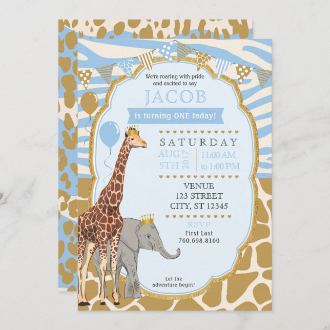 Safari Birthday Invitation - Blue (Front/Back)