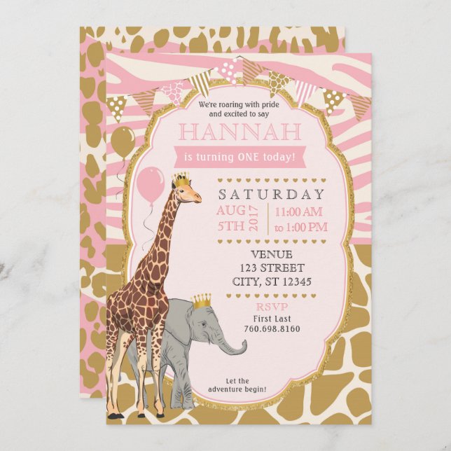 Safari Birthday Invitation - Pink (Front/Back)