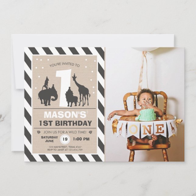Safari Birthday Invitation Zoo Wild Jungle animals (Front)