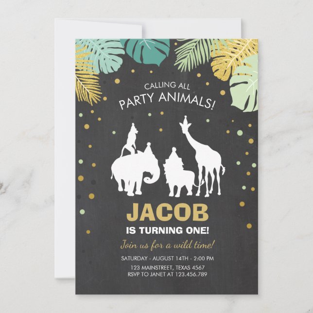 Safari Birthday Invitation Zoo Wild Jungle animals (Front)