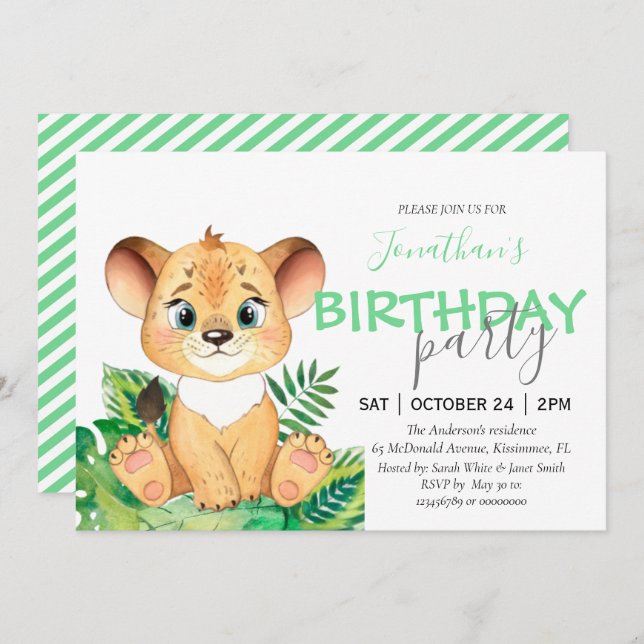 Safari birthday party jungle animals invite (Front/Back)