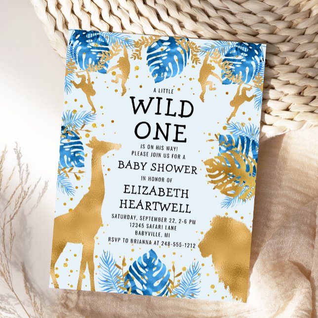 Safari Blue Gold Boy Baby Shower Invitation Postcard (Creator Uploaded)