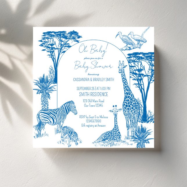 Safari blue toile giraffe baby shower invitation (Safari blue toile de jouy giraffe African animals baby shower invitation cards template)
