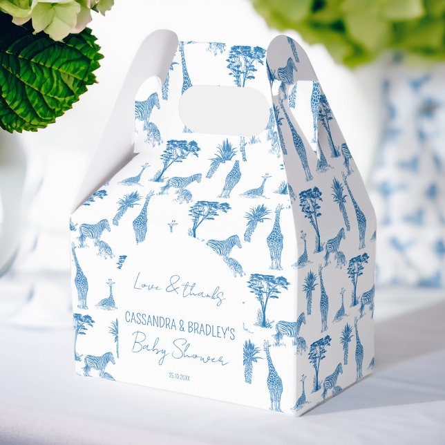 Safari blue toile giraffe baby shower monogrammed favour box (Safari blue toile de jouy giraffe African animals baby shower monogrammed personalized favor boxes)