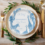 Safari blue toile giraffe baby shower monogrammed paper plate<br><div class="desc">African Safari blue toile giraffe baby shower monogrammed personalised paper plates template, dusty blue French toile style safari themed baby shower customised paper plates, cute baby giraffe, acacia tree, aloe tree ibis hadeda bird African themed baby shower personalised table decor , baby boy baby shower plates, modern sketch toile baby...</div>