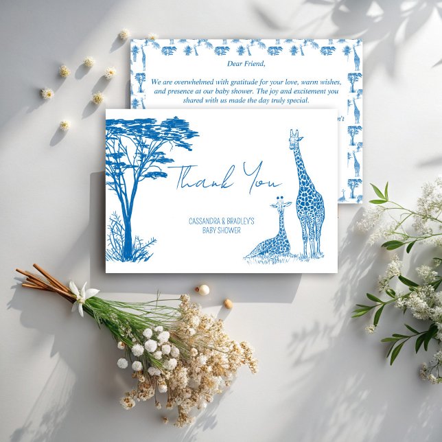 Safari blue toile giraffe baby shower thank you card (Safari blue toile de jouy giraffe cute African animals baby shower thank you cards)