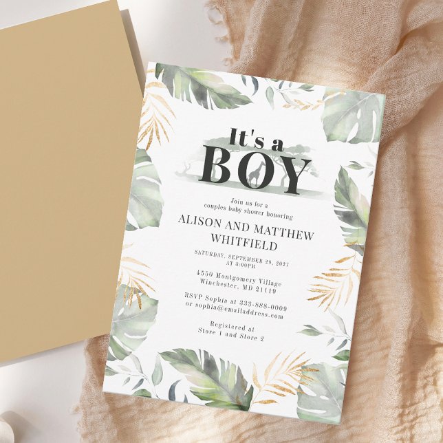 Safari Boy Baby Shower Invitation (Watercolor Elegant Boy Couples Baby Shower Invitation)