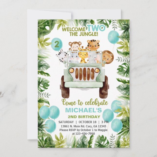 Safari car & animals boy 2nd birthday invite. invi invitation (Front)