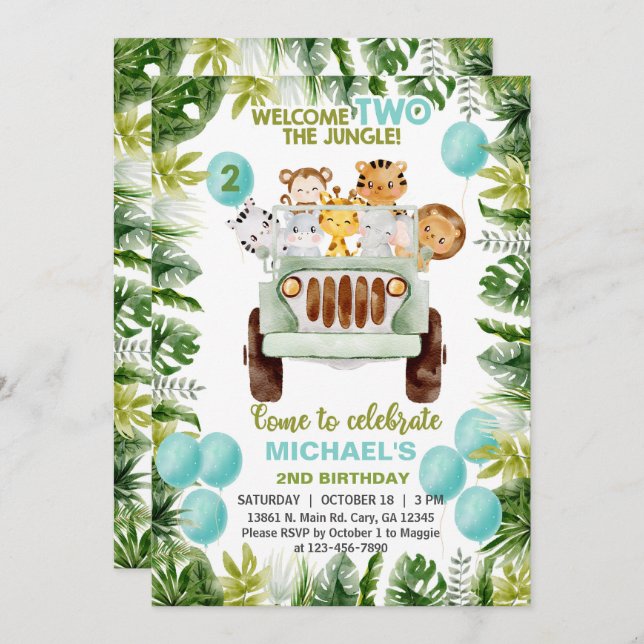 Safari car & animals boy 2nd birthday invite. invitation (Front/Back)