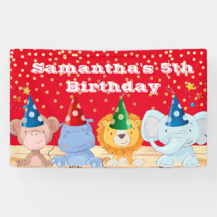 Safari cartoon animals party hats red birthday  banner