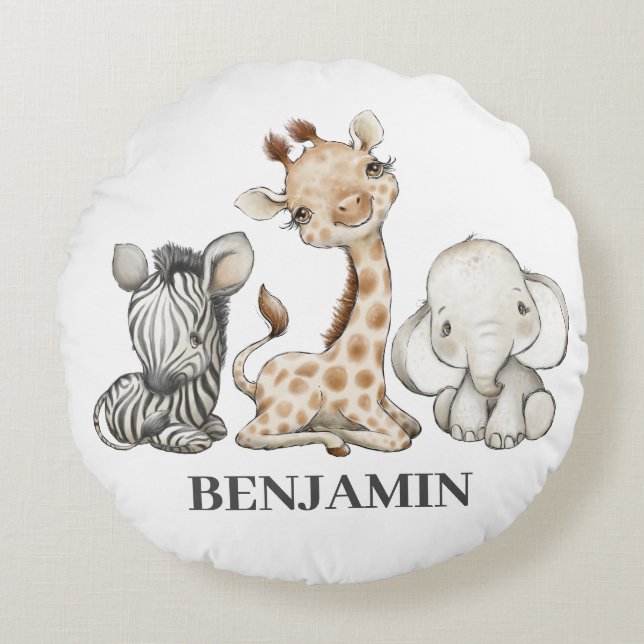 Safari Cute Animals Kids Round Cushion (Front)