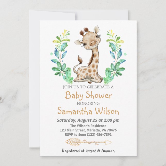 Safari Cute Baby Giraffe Wild Baby Shower Invitation (Front)