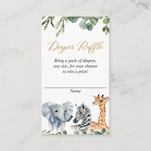 Safari diaper raffle jungle zoo animals watercolor enclosure card (Front)