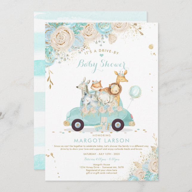 Safari Drive By Baby Shower Invitation Mint Floral (Front/Back)