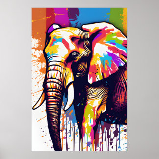 Safari Elephant Art, Rainbow Paint Splatter Wall Poster