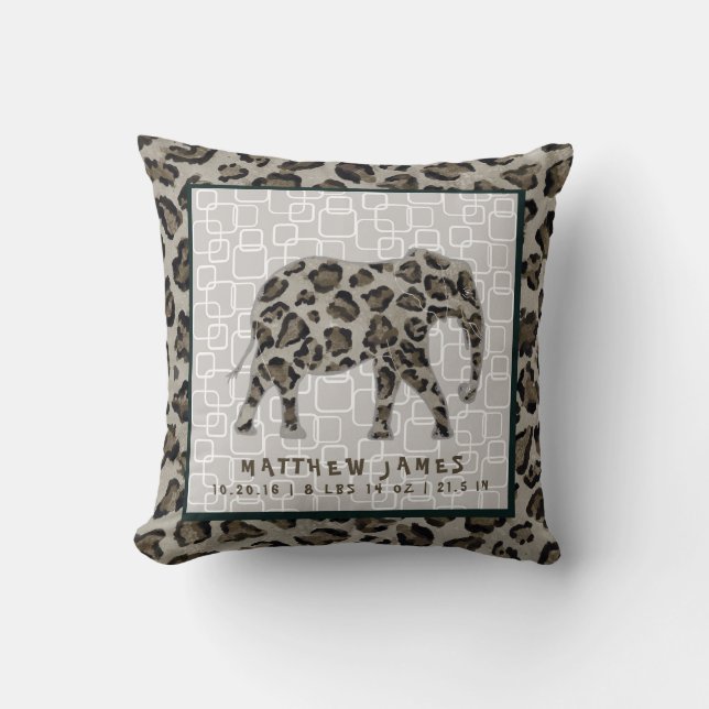 Safari Elephant Baby Boy Leopard Print Birth Stats Cushion (Front)