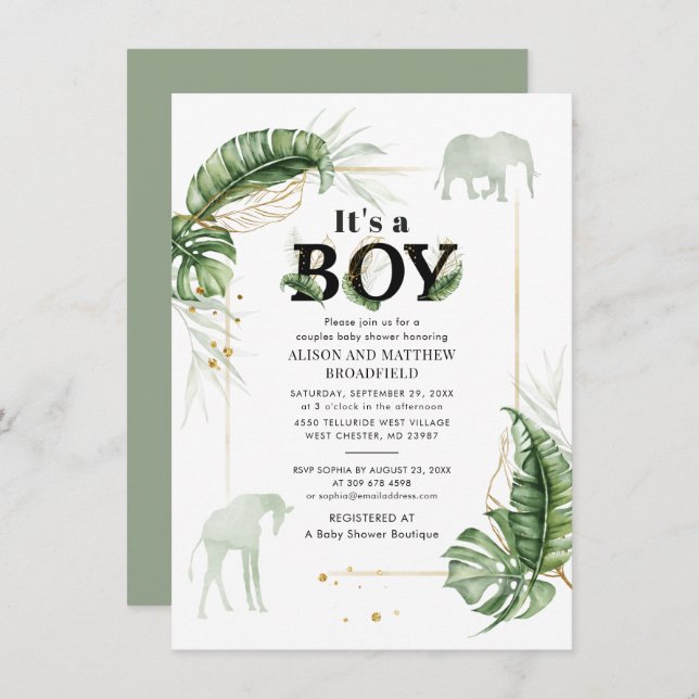 Safari Elephant Giraffe Botanical Boys Baby Shower Invitation (Front/Back)