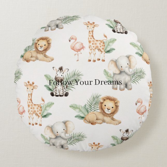 Safari Elephant Giraffe Zebra Flamingo Lion   Round Cushion (Front)