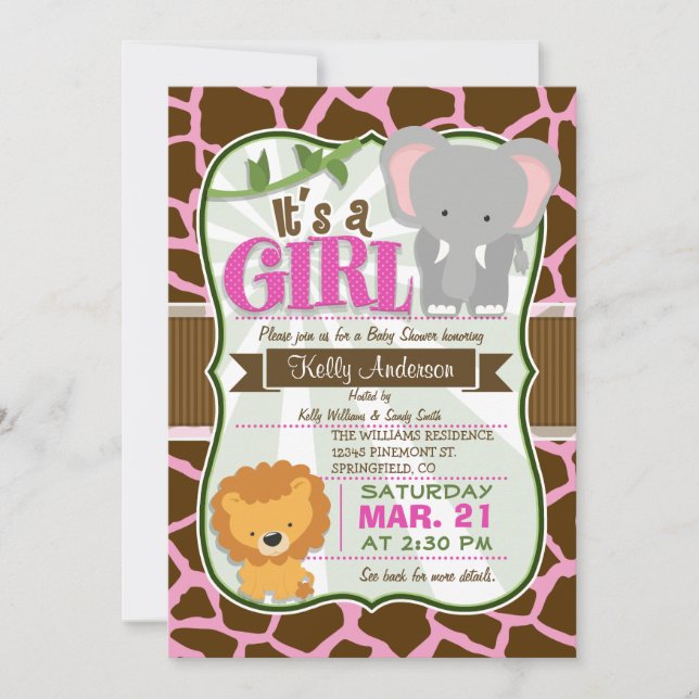 Safari Elephant, Lion, Giraffe Print Baby Shower Invitation (Front)