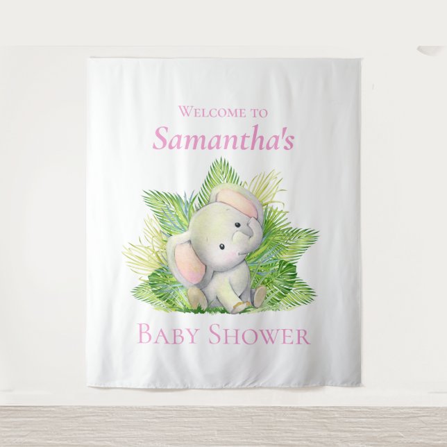 Safari Elephant Pink Baby Shower Backdrop Tapestry (Front)