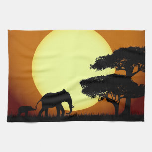 Safari elephants at sunset tea towel