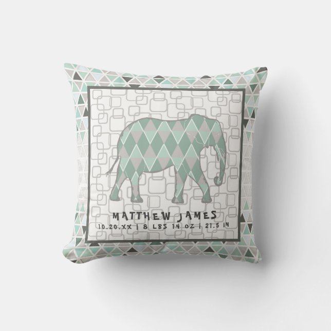 Safari Elephants Baby Boy Geometric Birth Stats Cushion (Front)