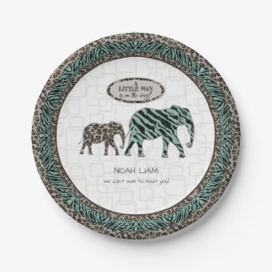 Safari Elephants Little Man Baby Boy Zebra Shower Paper Plate