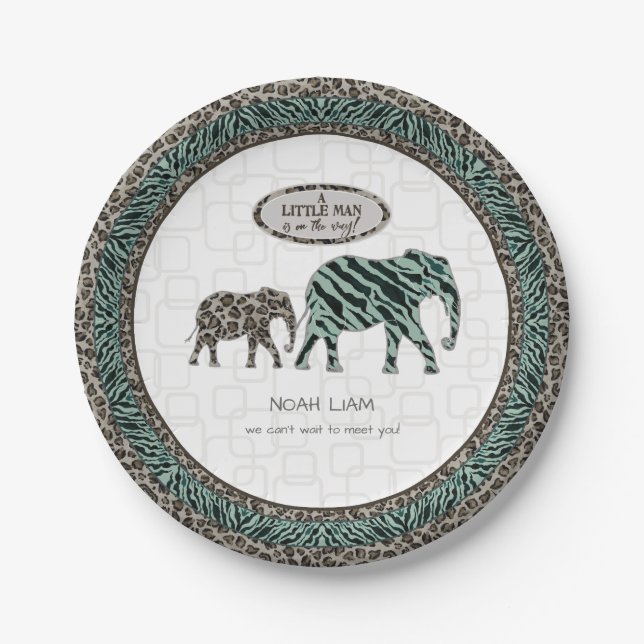 Safari Elephants Little Man Baby Boy Zebra Shower Paper Plate (Front)