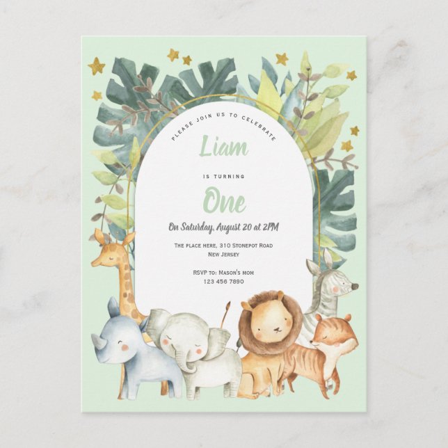 Safari first birthday invitation animals theme postcard (Front)