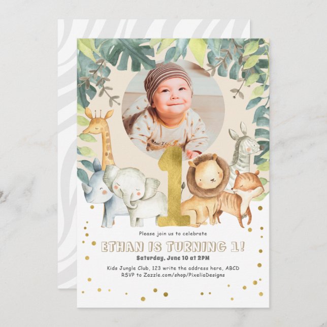 Safari first birthday invite jungle animals photo (Front/Back)
