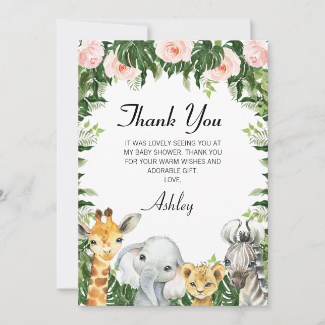 Safari Floral Foliage Baby Shower Thank You Card (Front)