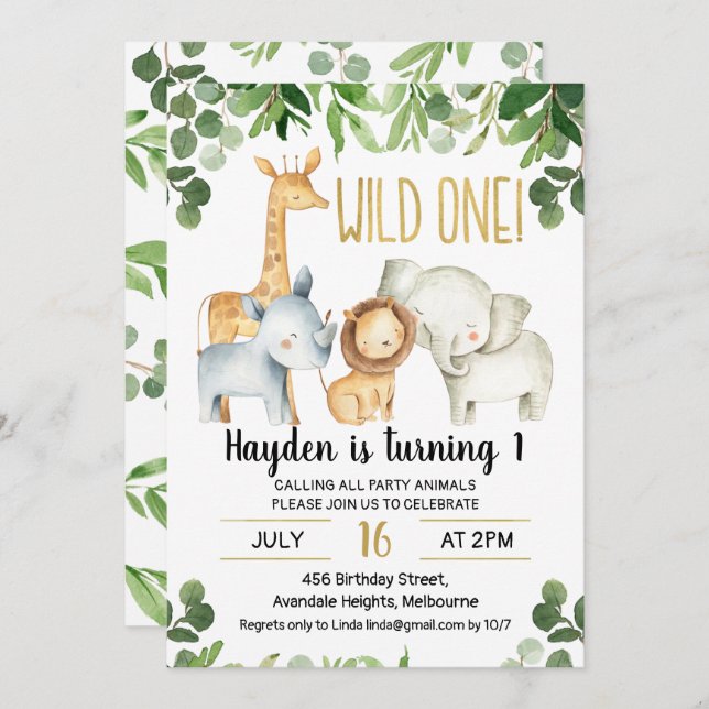Safari Foliage Wild One 1st Birthday Invitation (Front/Back)