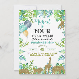 Safari Fourever Wild boy 4th birthday invitation. Invitation