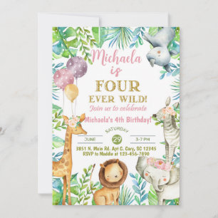 Safari Fourever Wild girl 4th birthday invitation. Invitation