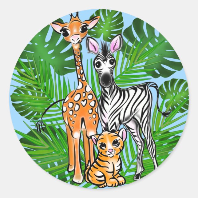 Safari friends, giraffe, zebra, tiger, palm leaves classic round sticker (Front)