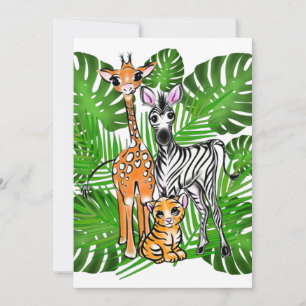 Safari friends, giraffe, zebra, tiger, palm leaves invitation