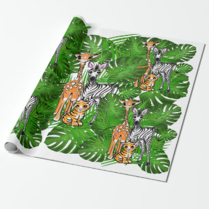 Safari friends, giraffe, zebra, tiger, palm leaves wrapping paper