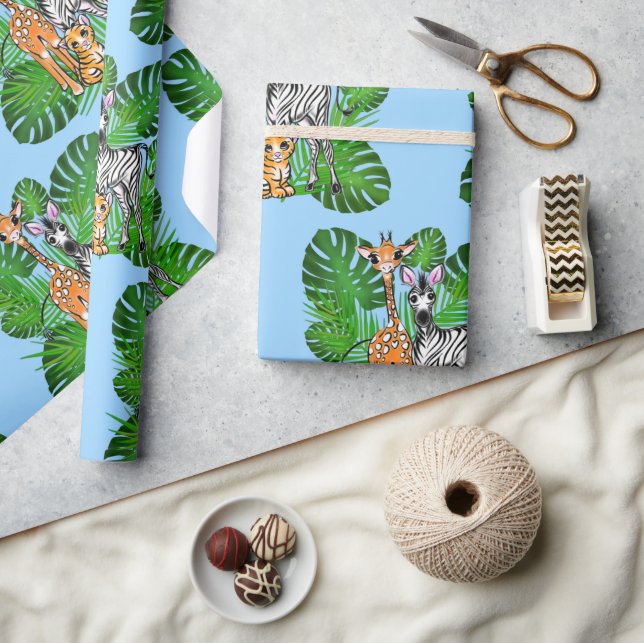 Safari friends, giraffe, zebra, tiger, palm leaves wrapping paper (Crafts)
