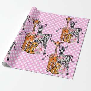 Safari friends, giraffe, zebra, tiger, pink polka wrapping paper