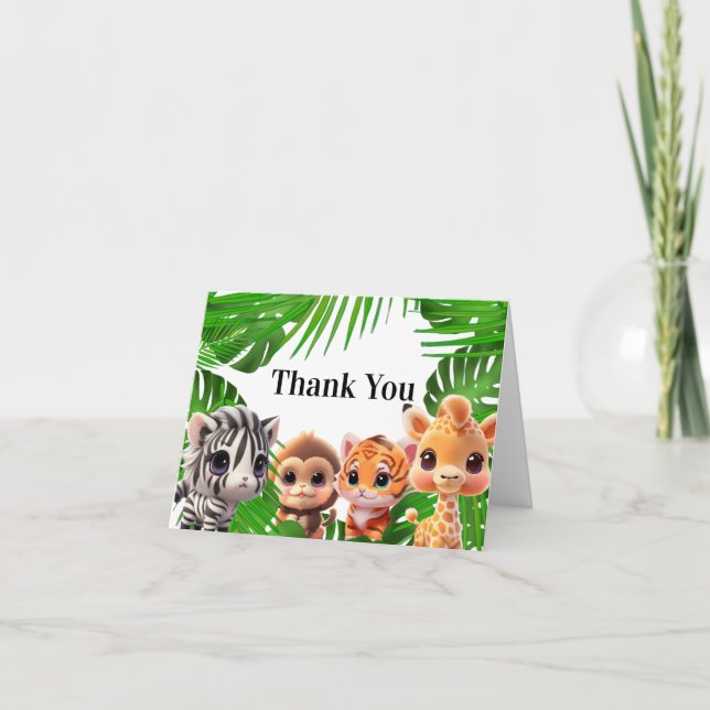 Safari friends tiger giraffe zebra monkey elephant thank you card (Front)