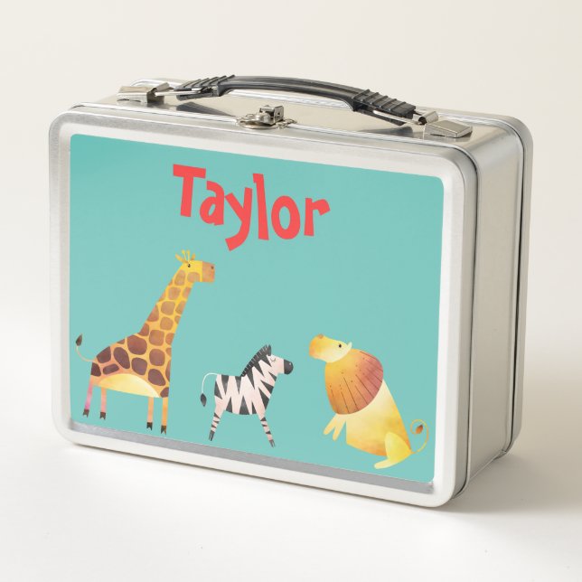 Safari Fun Giraffe Lion and Zebra Metal Lunch Box (Front)