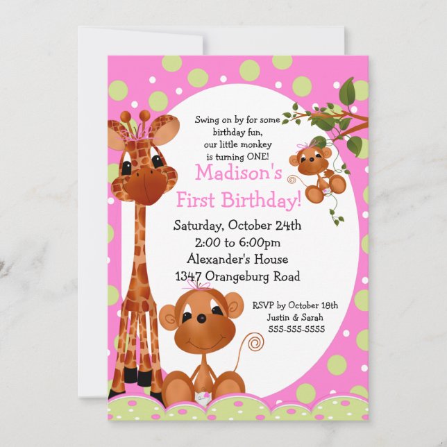 Safari Fun Girls 1st Birthday Invitation (Front)
