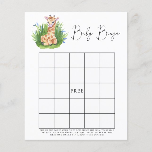 Safari Giraffe - Baby shower bingo game (Front)