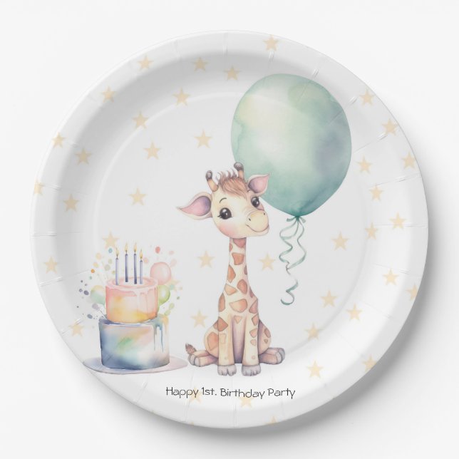 Safari Giraffe Balloon Cake 1st. Birthday Party Paper Plate (Front)