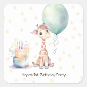 Safari Giraffe Balloon Cake 1st. Birthday Party Square Sticker