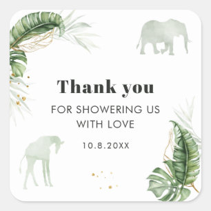 Safari Giraffe Elephant Botanical Baby Shower Square Sticker